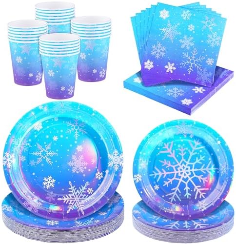 Kochorie 96 Pieces Frozen Iridescent Winter Snowflake Birthday Party Supplies Snowflake Tableware Set Disposable Paper Plates Cups Napkins Serve 24 Guests for Christmas Winter Wonderland Decorations by Kochorie