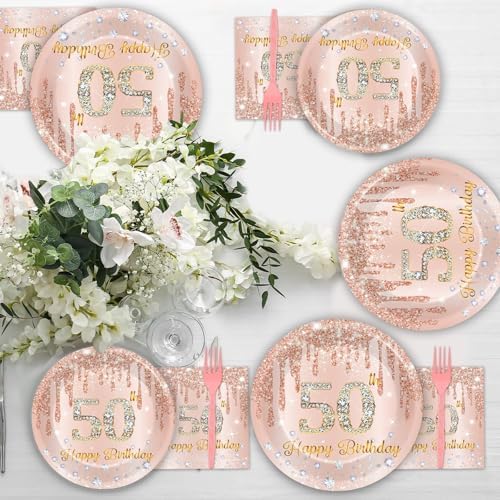 CHUNNIN 200 PCS Happy 50th Birthday Party Plates Napkins Pink Rose Gold Tableware Set for Women 1976 Decorations Dessert Plates Forks Serve 50 Guests for Girls 50th Birthday Party Supplies - Image 5