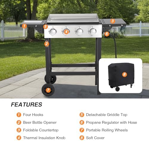 Propane Gas Griddle 4-Burner, Flat Top Grill Griddle, Outdoor Gas Stove with Foldable Side Tables, Wheels - 40,000 BTUs Output, 291 sq.in Cooking Area, for Patio Barbecue, Backyard, BBQ - Image 4