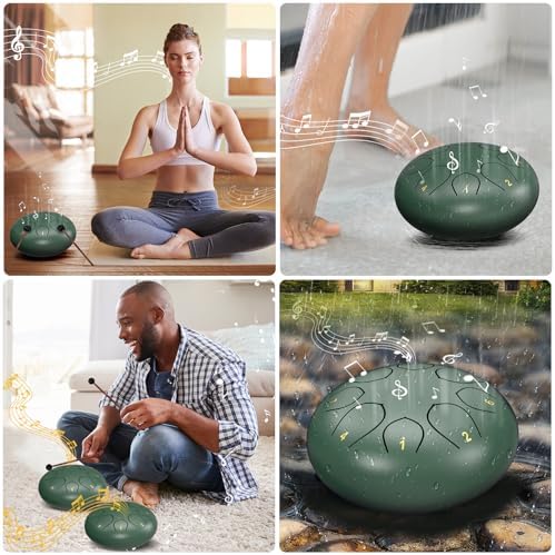 Rain Drum for Outside Garden, 6 Inches 8 Notes Steel Tongue Chakra Drums, Waterproof Meditation Rain Chime, Musical Instruments for Adult Gift with Bag, Music Book, Drum Mallets (Green) - Image 6