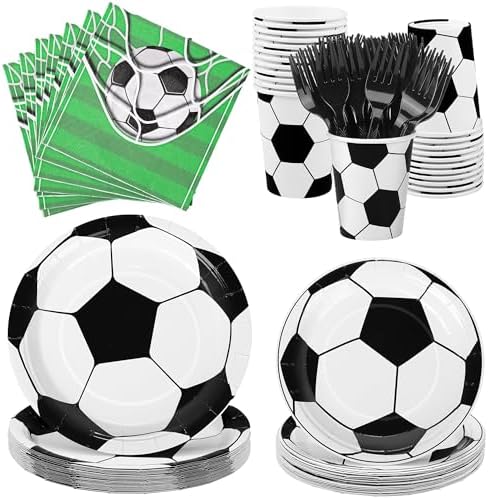 Kochorie 144 Pieces Soccer Party Supplies, Sports Tableware Sets Including Disposable Paper Plates Napkins Cups Forks Serves 24 for Soccer Games Birthday Football Party Decorations by Kochorie