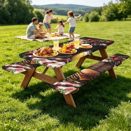 Picnic Table Cover With Bench Covers Tablecloth-Picnic Basket Burger - Image 7