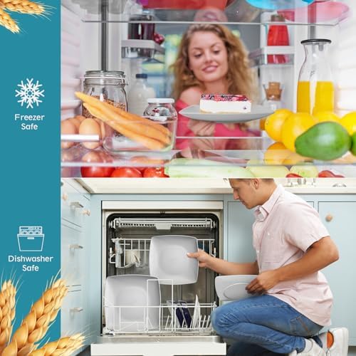 Teivio 32-piece Plastic Wheat Straw Square Dinnerware Set for 8, Unbreakable Dinner Plates, Salad Plates, Snack Bowls, Tumblers, Dishwasher Safe, Light Gray - Image 4