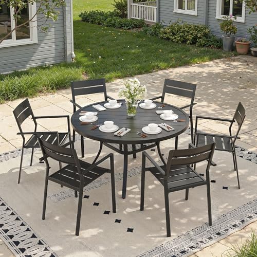 Outdoor Dining Table for 6, 47.2" Round Outdoor Table with Adjustable Umbrella Hole, All-Weather Metal Patio Dining Table for Lawn Garden Backyard Deck, Black - Image 3