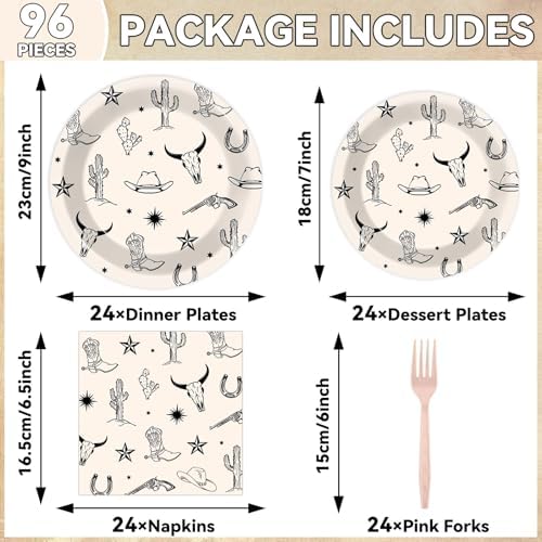 96PCS Western Cowboy Party Paper Plates and Napkins Set for Rodeo Party Cake Dessert Plates Disposable Decor Supplies Wild West Bachelorette Tableware for Kids Birthday Gatherings Decorations - Image 2