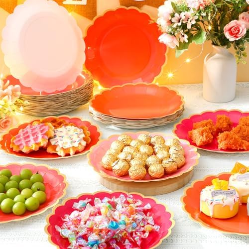 96 Pcs Pink and Orange Paper Plates 9 Inch Scalloped Paper Plates Disposable Dinner Dessert for Birthday Wedding Bridal Party Supplies, 6 Colors - Image 2