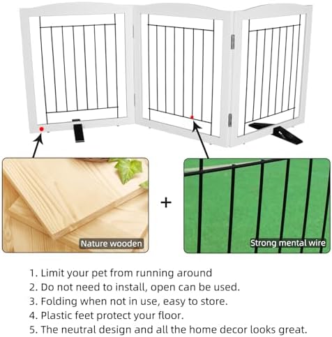 ZJSF Freestanding Dog Fence Indoor, Foldable Dog Gate for Doorways, Stairs or Hallways, Sturdy Wood Extra Wide Pet Gate with Support Feet for The House, White, 24 "Height-3 Panels - Image 6