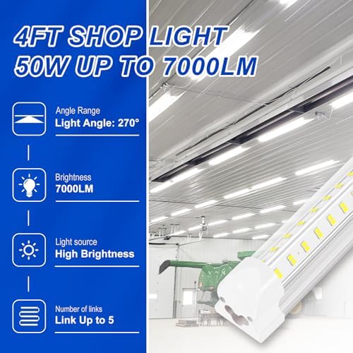 XLNYUUI Led Shop Lights,4FT LED Light 50W 6000K 7000LM Led Daylight,Garage Light,Linkable Clear Cover Integrated V-Shape for Garage Warehouse Workbench Workshop(6-Pack) - Image 2