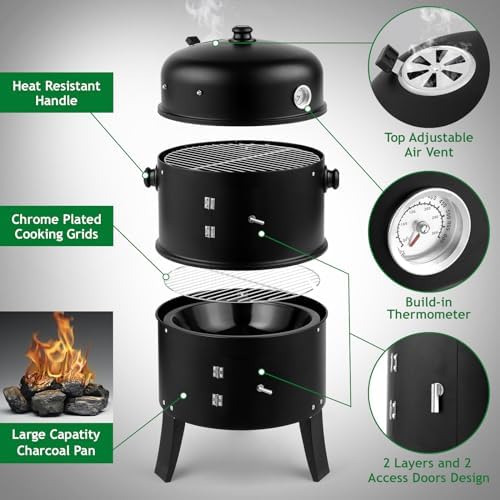 Outvita Vertical 17 Inch Charcoal BBQ Smoker, 3-in-1 Portable Grill Cooker - Image 2