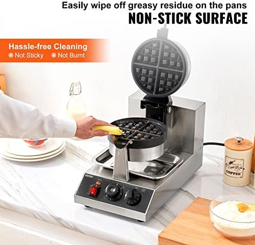 VEVOR Commercial Waffle Maker, 1300W Round Waffle Iron, Non-Stick Rotatable Waffle Baker Machine With 122-572℉ Temp Range and Time Control, Teflon-Coated Baking Pan Stainless Steel Body 110V - Image 4
