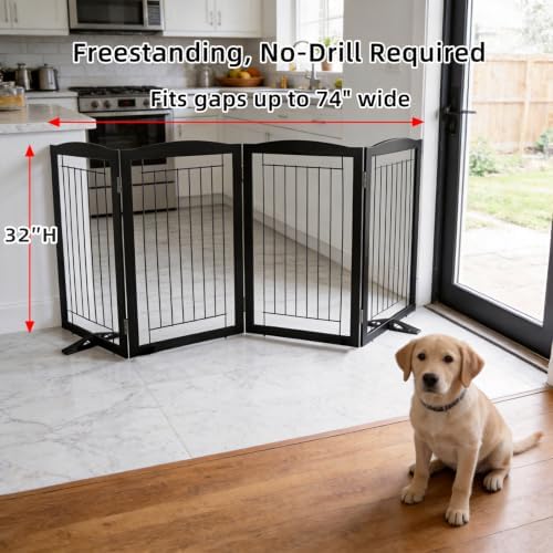 ZJSF Freestanding Dog Fence Indoor, Foldable Dog Gate for Doorways, Stairs or Hallways, Sturdy Wood Extra Wide Pet Gate with Support Feet for The House, Black, 32 "Height-4 Panels - Image 2