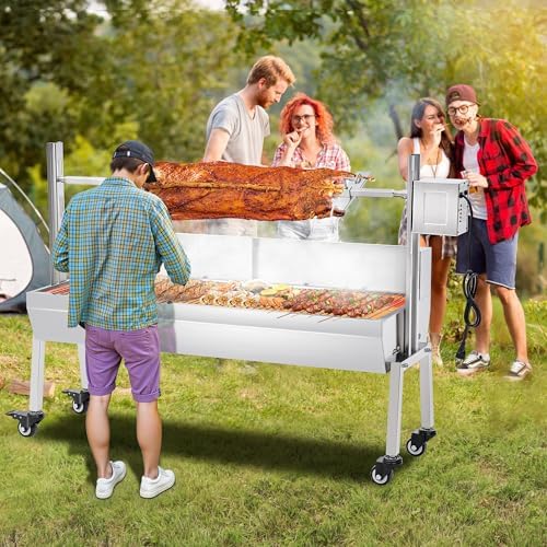 Jocisland Electric Rotisserie Grill Kit with Windscreen, 47.5" Height-Adjustable Charcoal Roaster, 132 Lbs Capacity, 45W Motor, Stainless Steel Spit with Lockable Wheels for Outdoor Camping - Image 7