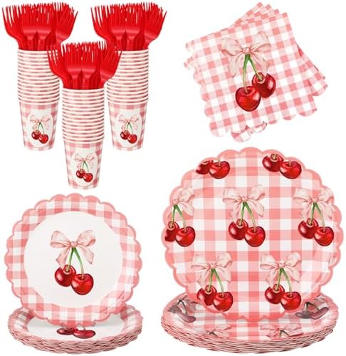 Havawish 120 Pcs Bow Cherry Party Tableware Bow Cherry Plates by Havawish