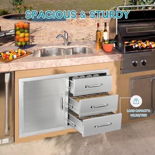 Outdoor Kitchen Door Drawer Combo Cabinet,38.1W x 22.6H x 20.8D Stainless Steel with Handles,Triple Drawers & BBQ Access Combo for Outdoor Kitchen Island (Drawer with Handle and Left Door Combo) - Image 4