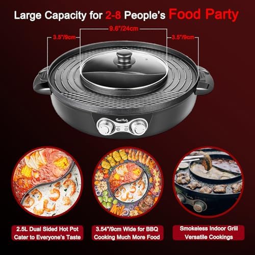 Food Party Hot Pot Electric Korean BBQ Grill Combo Hotpot Smokeless Indoor Grill 16.5" Detachable Easy Cleaning 110V 1800W Shabu Shabu Pot with Divider - Image 2