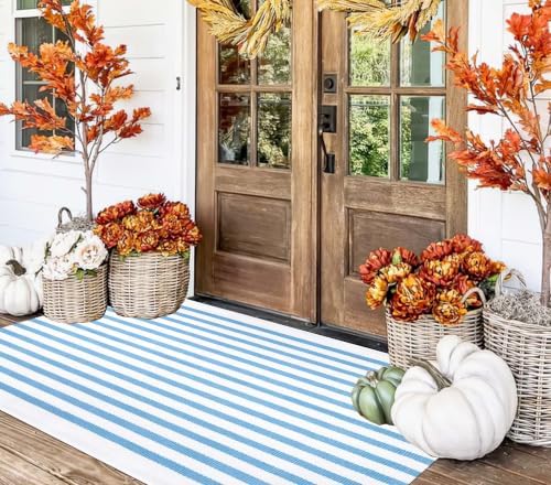 BUAGETUP Outdoor Rug 3'x 5',Light Blue Striped Area Rug Hand-Woven Cotton Washable Rug Indoor/Outdoor Area Rug Floor Mat for Farmhouse Living Room Bedroom - Image 6