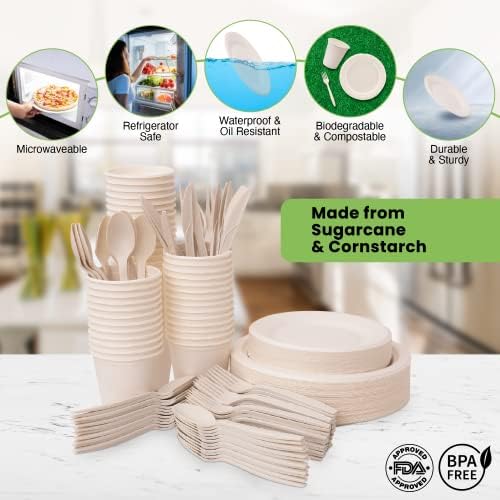 300 Piece (50 Sets) Biodegradable Paper Plates Set (EXTRA LONG UTENSILS), Disposable Dinnerware Set, Eco Friendly Compostable Plates & Utensil include Plates, Cups, Forks, Knives and Spoons - Image 3