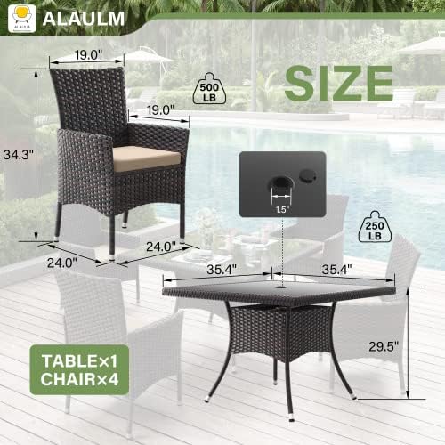 ALAULM 5 Piece Patio Dining Set All-Weather Wicker Outdoor Furniture Set w/Tempered Glass Tabletop, Removable Cushions and Umbrella Hole for Patio, Backyard, Garden, Poolside（Brown） - Image 2