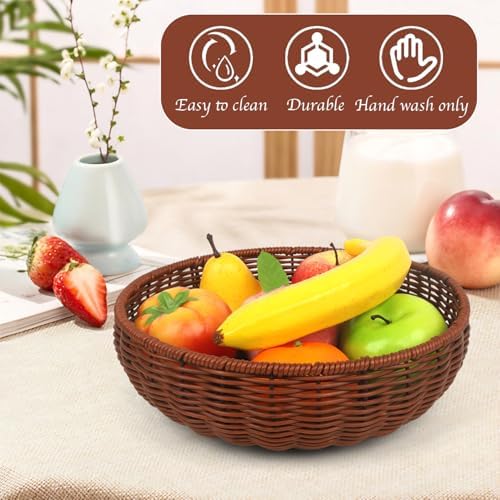 Imitation Wicker Bread Basket, 3 Pack Woven Rattan Basket Round Woven Baskets Woven Breads Baskets For Serving Vegetables, Kitchen, Restaurant, Outdoor, 3 Sizes (Brown) - Image 3