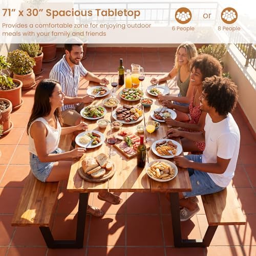 ORALNER Acacia Wood Picnic Table Bench Set w/2“ Umbrella Hole, 6-8 Person - Image 3