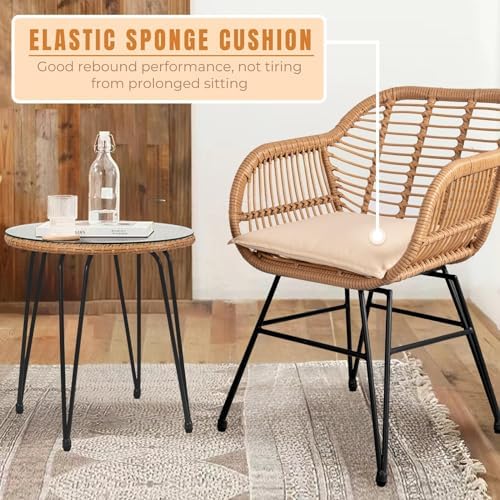 3 Piece Outdoor Wicker Furniture Bistro Set, Rattan Chairs Conversation Sets Wicker Patio Furniture for Balcony Poolside Backyard, Beige - Image 7