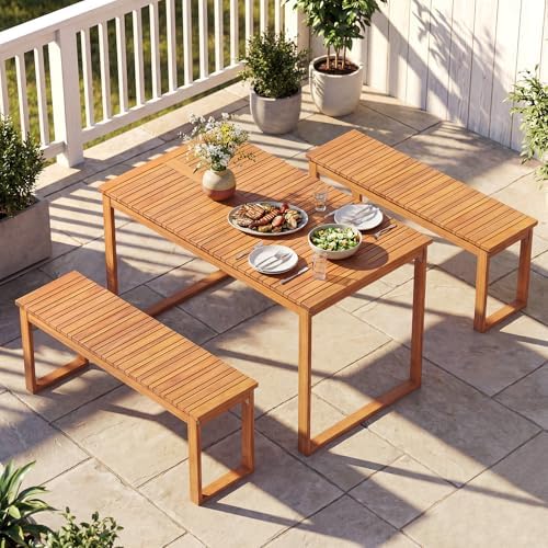 Tangkula 3 Pieces Patio Wooden Dining Set, Acacia Wood Rectangular Picnic Beer Table with 2 Benches for 4 People, Outdoor Dinner Furniture Set for Backyard, Garden and Poolside - Image 2