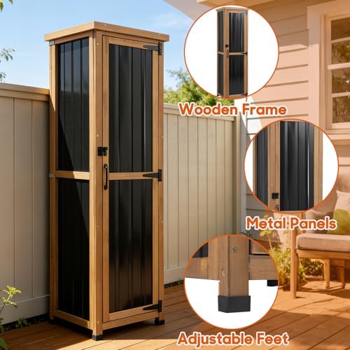 Outdoor Storage Cabinet, Wood & Metal Storage Shed with Weatherproof Roof, 3 Removable Shelves, Lockable Door, Adjustable Feet, Outside Storage Cabinet for Garage, Patio, Backyard - Image 2