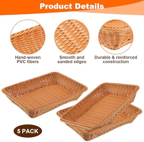 5 Pack 15.8 Inch Large Wicker Bread Baskets, Brown Woven Serving Basket Trays for Food, Bread, Fruits, Vegetables, Snacks - PVC Rattan Display for Restaurant & Home - Image 3