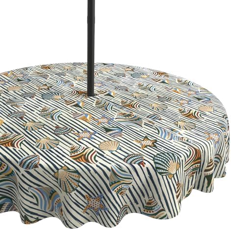 LVTXIII Round Outdoor Tablecloth with Umbrella Hole and Zipper, Water-Repellent 60 Inch Patio Table Cover for Bistro, Garden, Patio & Picnic, Cabana Shells by LVTXIII