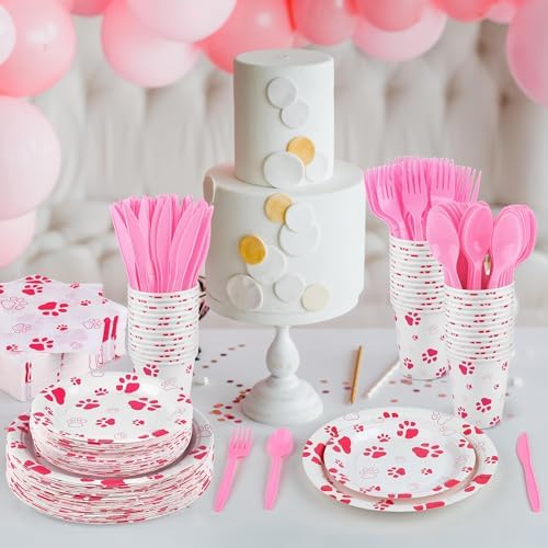 Kochorie 400 Pieces Pink Paw Disposable Party Tableware Sets Dog Puppy Supplies Including Plates Cups Napkins Cutlery Serves 50 for Birthday Puppy Theme Party Decorations - Image 5