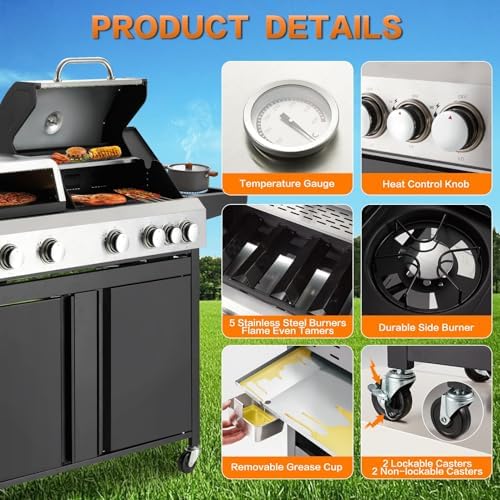 3 IN 1 Pizza Griddle Grill Combo, 74,000 BTU 5-Burner Stainless Steel Propane Gas Grill with Side Burner, Porcelain Enameled Cast Iron Grates, Griddle & Pizza Oven for Outdoor Patio Backyard - Image 7