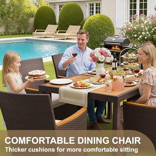 Devoko 7 PCS Acacia Wood Patio Dining Set, Brown Rattan - Image 4
