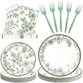 100 Pcs Disposable Sage Green Flower Tableware Set for 25 Guests by COSINIA