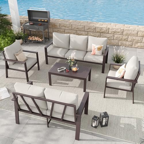 5-Piece Aluminum Patio Conversation Sets All-Weather Outdoor Furniture Sectional Sofa Modular Patio Set with 4'' Cushion Removable Covers for Porch Poolside Deck Balcony Yard - Image 2