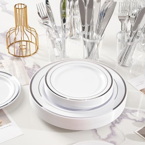 Fijinhom 350Pcs Silver Disposable Plates, Plastic Plastic Set for 50 Guests - Image 4