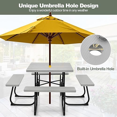 Tangkula 8 Person Square Picnic Table with 4 Built-in Benches, Grey - Image 6