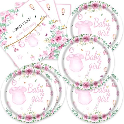 40pcs Baby Girl Party Supplies Baby Shower Birthday Decoration Used for Pink Baby Girl Shower Party Decoration Include 20 dinner plates, 20 Napkin by Unknown