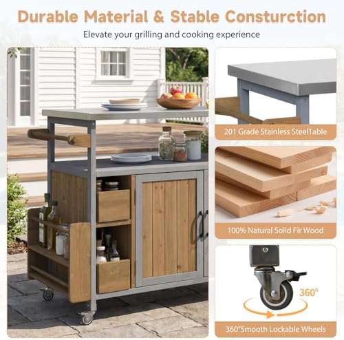 54" Farmhouse Rolling Outdoor Kitchen Cart with Stainless Top - Image 4