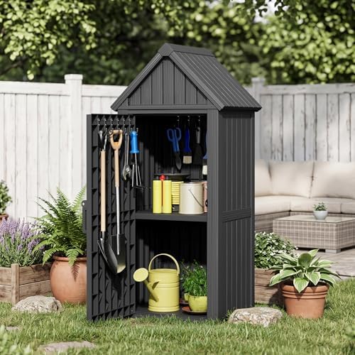 Fancyango Outdoor Resin Storage Cabinet Sturdy All-Weather Shed with Removable Shelves Lock Ring & Reinforced Floor – for Garden Patio Lawn (Black) by Warmnestforpets