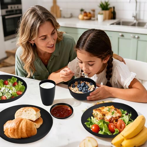 Wheat Straw Dinnerware Sets 16 PCS, Unbreakable Kids Plates and Bowls for 4-9 IN Plates, 26 OZ Cereal Bowls, 2 OZ Dipping Bowl, 12 OZ Cups, Dishwasher & Microwave Safe Plate Set - Black - Image 2