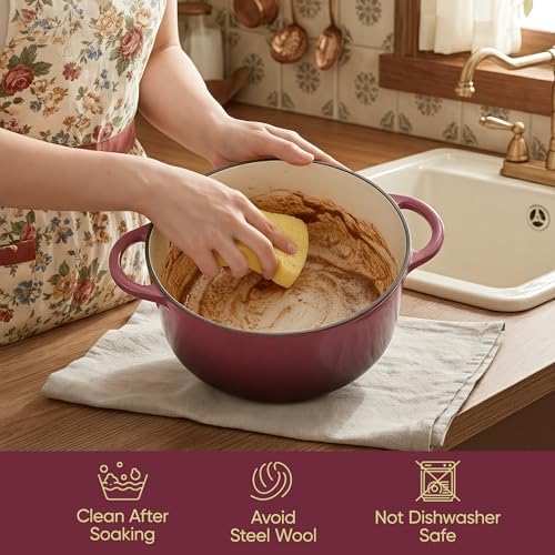 Vintage Style 6 Quart Dutch Oven Pot with Lid, Non Stick Enameled Cast Iron Dutch Oven for Bread Baking, Heavy-Duty, Oven Safe Ceramic Cookware Up to 500°F for Baking, Braising, Stews, Roasting, Rose - Image 6