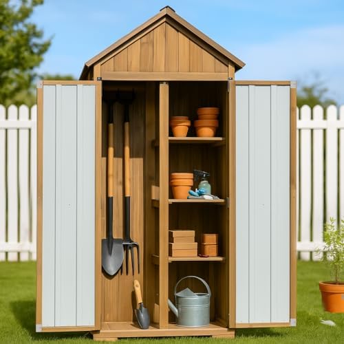 Ketive Outdoor Storage Cabinet, Wood & Metal Storage Shed with Weather-Resistant Roof, Adjustable Shelf, Lockable Doors & Adjustable Feet, for Garden, Patio, Backyard, 27.5" x 13" x 67" - Image 2