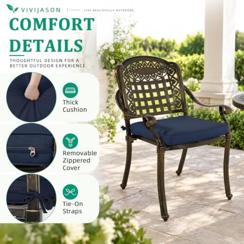 VIVIJASON 5-Piece Patio Furniture Dining Set, All-Weather Cast Aluminum Outdoor Conversation Set, Include 4 Cushioned Chairs and a 35.4" Round Table w/Umbrella Hole, Navy Blue Cushion - Image 4