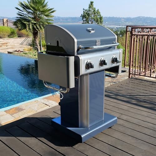 Kenmore 3-Burner Propane BBQ Grill, 30,000 BTUs Gas Grill with Cast Iron Cooking Grates, Folding Side Tables & Wheels, Outdoor Grill with Tool Hooks, Azure Blue - Image 2