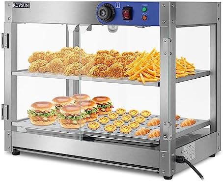 ROVSUN 2-Tier Food Warmer Pizza Warmer, Commercial Food Warmer Display with LED Lighting Removable Shelves Glass Door, Electric Countertop Food Warmer for Buffet Restaurant 110V 800W by ROVSUN