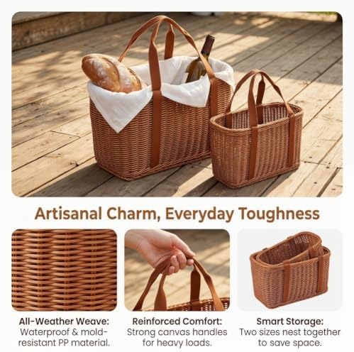 Shopping Wicker Basket with Handles, Handwoven Picnic Basket, Portable Storage Decor for Kitchen, Home, Outdoor and Farmers Market (S+M) - Image 3