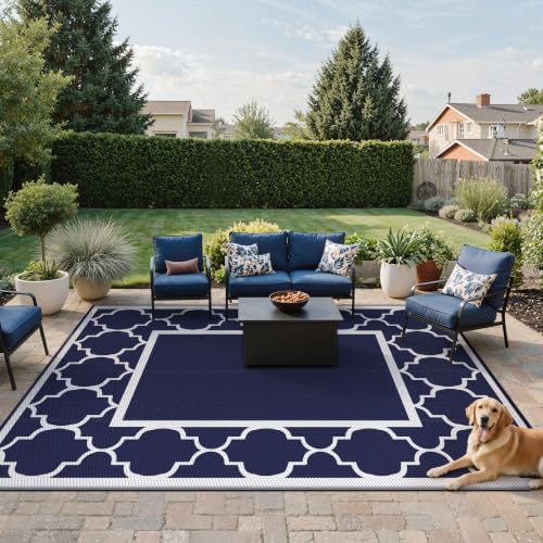 GENIMO Outdoor Rug, Waterproof Plastic Rugs for Patio, 9'x12' Blue White - Image 2