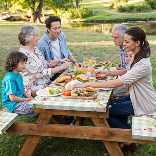 Easter Picnic Table Cover with Bench Covers, Camping Essentials, Easter Buffalo Plaid Rabbit Eggs Flower Outdoor Table Covers, Waterproof, Fitted Tablecloth Cover with Elastic Edge, 3 PCS, 30x96 Inch - Image 4