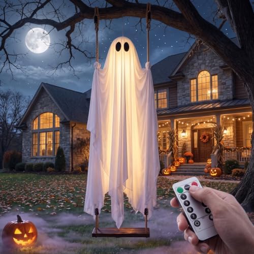 Halloween Decorations Outdoor, 5 FT Hanging Swing Ghost with String Lights​​, Light Up Large Spooky Cute Decor Kit, Scary Party Decoration for Outside, Garden, Yard, Lawn, Home by Unknown