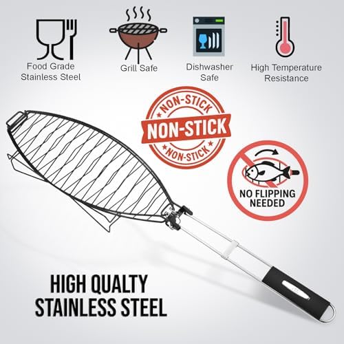 Fish Grilling Basket for Grill - Stainless Steel Basket, Non-Stick Fish Rack for Grilling with Adjustable Lock Removable Handle, Ideal for BBQ, Camping, Charcoal and Gas Grills - Image 5